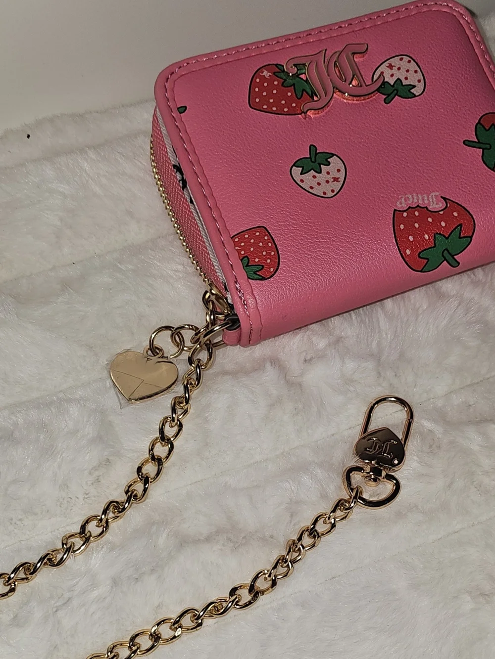 Juicy Couture Strawberry Card Holder & Zip Around with Gold Chain & Heart Charm